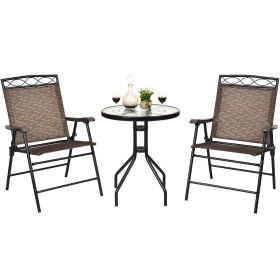 3 Piece Bistro Conversation Patio Bar Dinnerware Set with 2 Folding Chairs and Glass Table